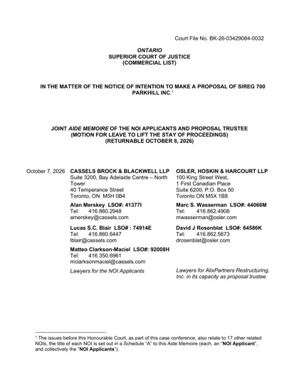 Joint Aide Memoire of the NOI Applicants and Proposal Trustee, dated October 7, 2026 (first page; the full 9-page PDF is linked below)