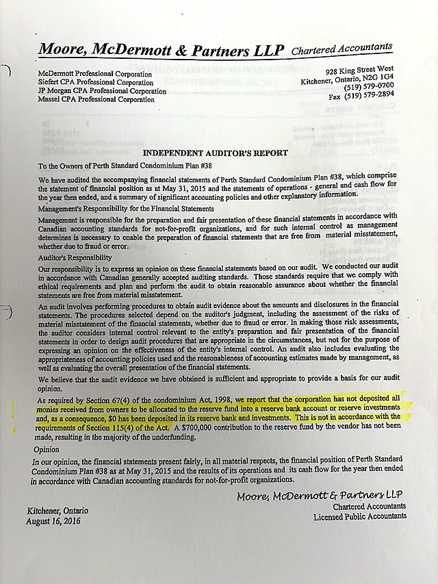 Independent Auditor's Report to the owners of Perth Standard Condominium Plan #38, August 16, 2016 (photo of a printed copy; highlighting is on the original)