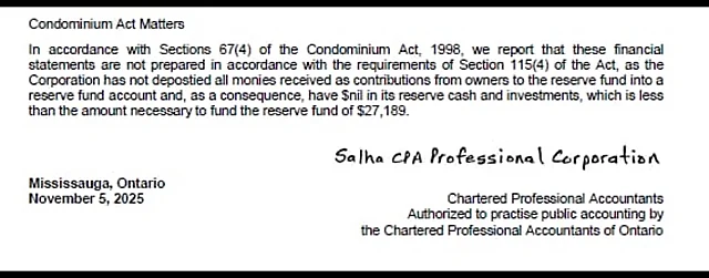 Auditor's report, "Condominium Act Matters" paragraph, Salha CPA Professional Corporation, November 5, 2025 (excerpt; the corporation is not named in the excerpt)