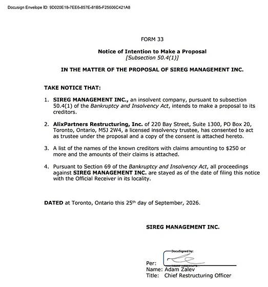 Form 33: Notice of Intention to Make a Proposal, dated September 25, 2026