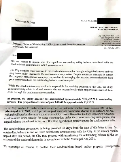 City of Kitchener, Department of Finance, letter of September 29, 2026, page 1 (recipient's name, address and the property roll number blacked out)