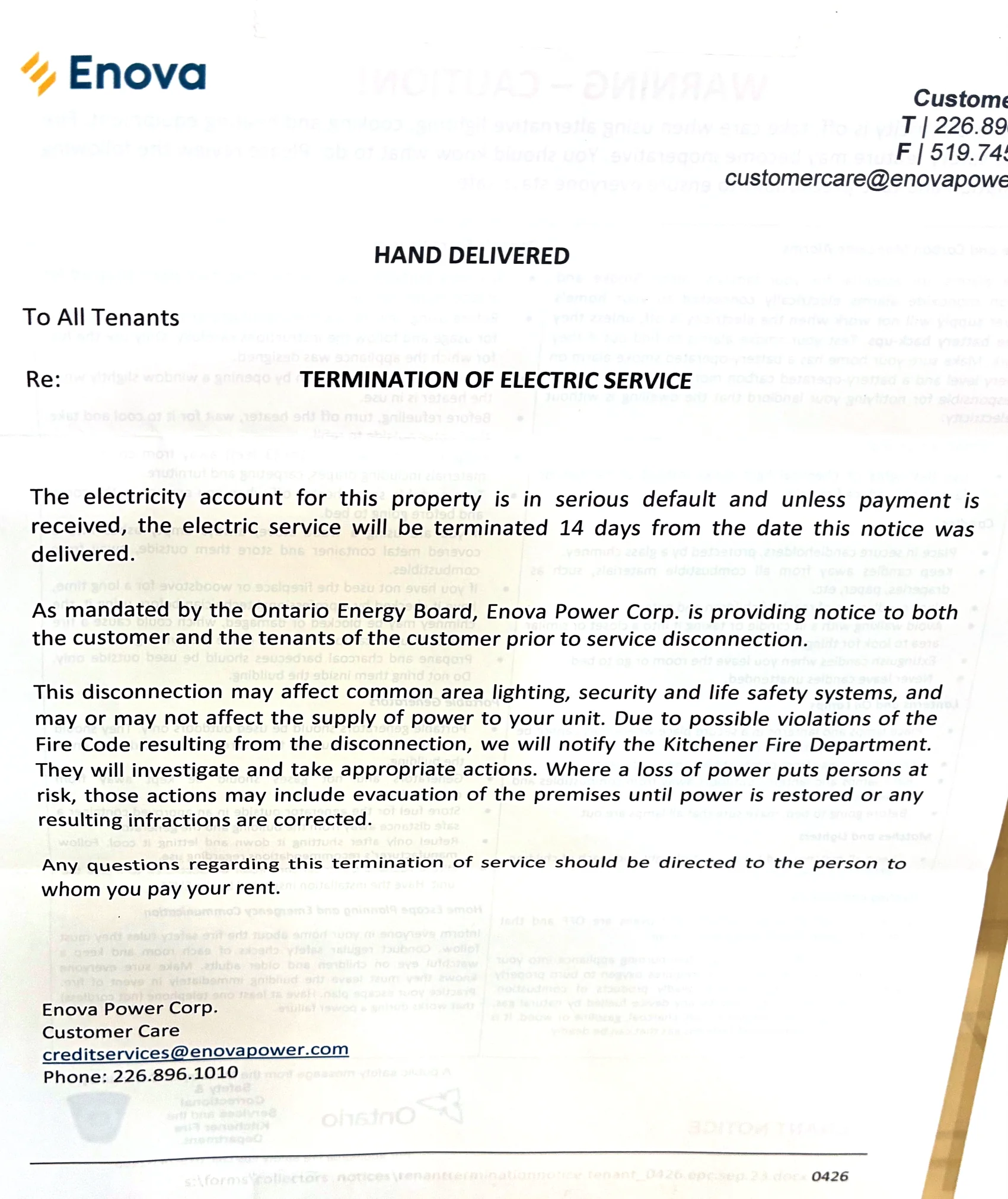 Enova Power notice to tenants: termination of electric service in 14 days (September 2026)