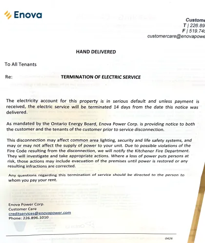 Enova Power Corp. notice, "Termination of Electric Service", addressed to all tenants (September 2026; cleaned and straightened from a photograph)