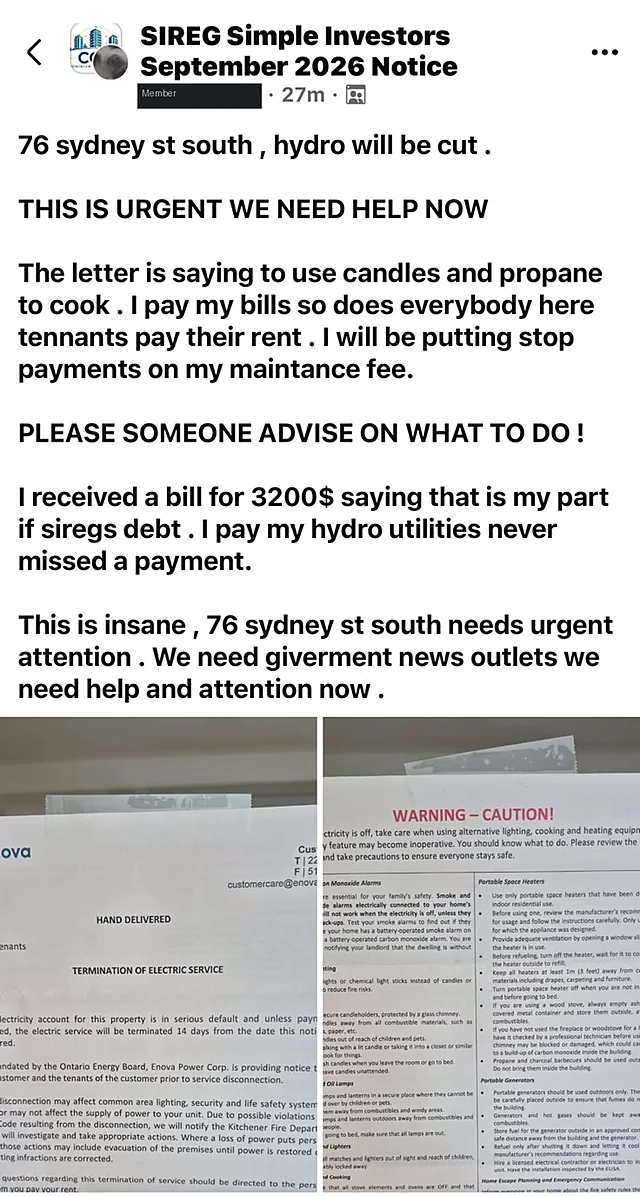 Facebook post in the SIREG Simple Investors group, October 5, 2026, showing the Enova Power Corp. termination notice and safety warning (writer's name removed)