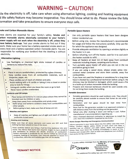 "WARNING – CAUTION!" Tenant Notice, public safety message from the Ministry of Community Safety and Correctional Services and the Kitchener Fire Department (cleaned and straightened from a photograph)