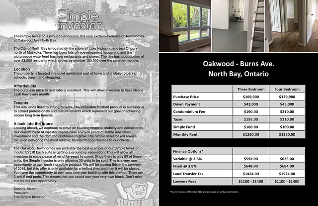 The Simple Investor brochure for Oakwood, Burns Ave., North Bay (rates as of October 2018)