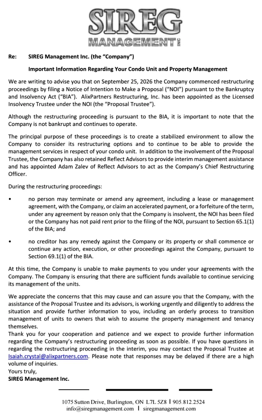 SIREG letter to unit owners: "Important Information Regarding Your Condo Unit and Property Management" (September 29)