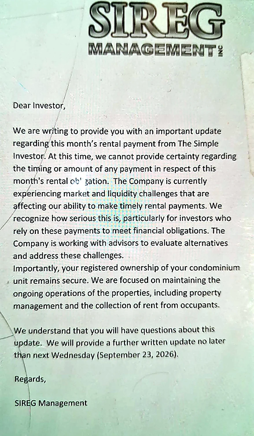 SIREG Management letter to investors about the month's rental payment (September 17)