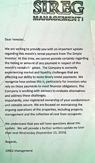 SIREG Management letter to investors about this month's rental payment (photo of a printed copy)
