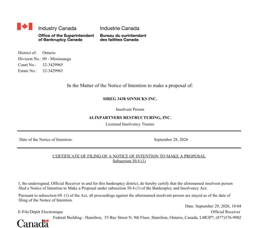 Certificate of Filing of a Notice of Intention to Make a Proposal, September 29, 2026 (upper part of the page)