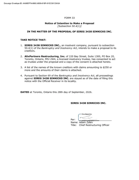 Form 33: Notice of Intention to Make a Proposal, SIREG 3438 Sinnicks Inc., dated September 28, 2026