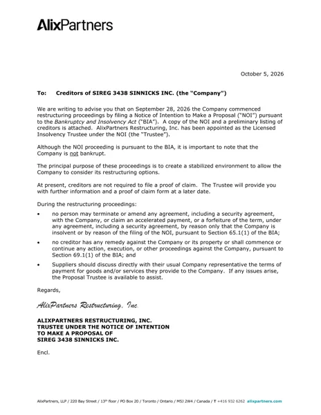 AlixPartners letter to creditors of SIREG 3438 Sinnicks Inc., October 5, 2026