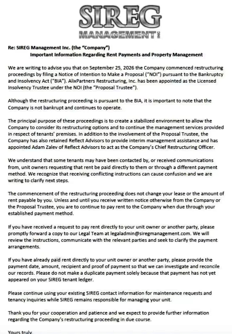 SIREG letter to tenants: "Important Information Regarding Rent Payments and Property Management" (September 29)