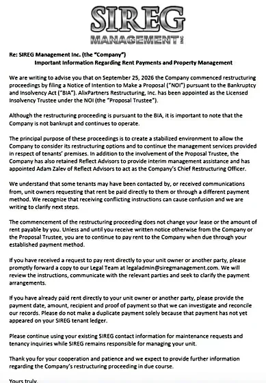 SIREG letter to tenants: "Important Information Regarding Rent Payments and Property Management" (as posted online; the lower part of the page is cut off)