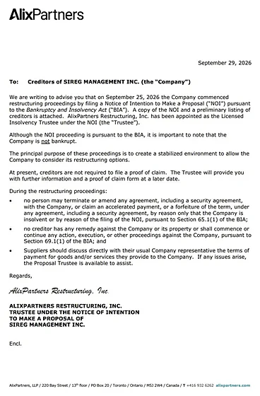 AlixPartners letter to creditors of SIREG Management Inc., September 29, 2026