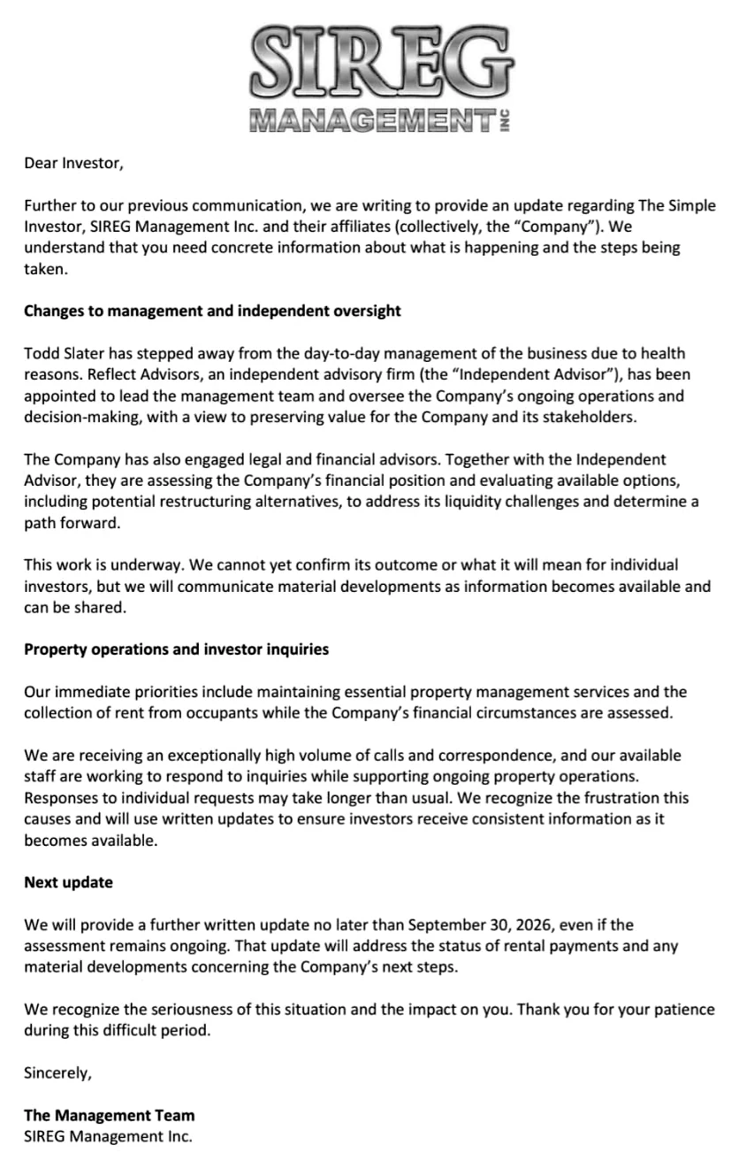 SIREG Management "Dear Investor" update on management changes (September 24)