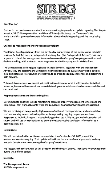 SIREG Management "Dear Investor" update: management changes and independent oversight